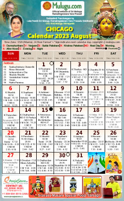 Chicago (USA) Telugu Calendar 2023 August with Tithi, Nakshatram, Durmuhurtham Timings, Varjyam Timings and Rahukalam (Samayam's)Timings