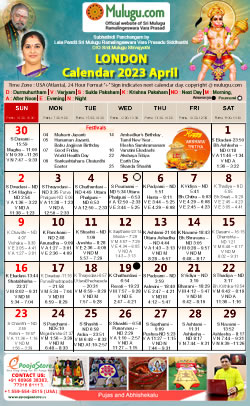 London Telugu Calendar 2023 April with Tithi, Nakshatram, Durmuhurtham Timings, Varjyam Timings and Rahukalam (Samayam's)Timings