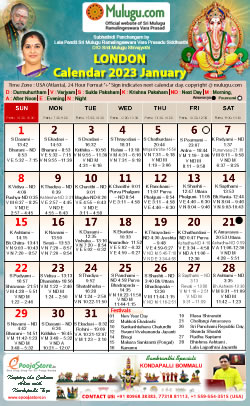 London Telugu Calendar 2023 January with Tithi, Nakshatram, Durmuhurtham Timings, Varjyam Timings and Rahukalam (Samayam's)Timings