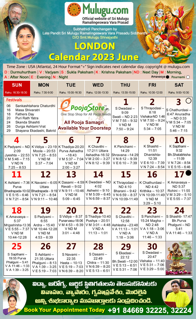 London Telugu Calendar 2023 June Mulugu Calendars Telugu Calendar