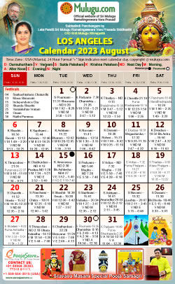 Los-Angeles (USA) Telugu Calendar 2023 August with Tithi, Nakshatram, Durmuhurtham Timings, Varjyam Timings and Rahukalam (Samayam's)Timings