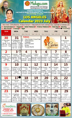 Los-Angeles (USA) Telugu Calendar 2023 July with Tithi, Nakshatram, Durmuhurtham Timings, Varjyam Timings and Rahukalam (Samayam's)Timings