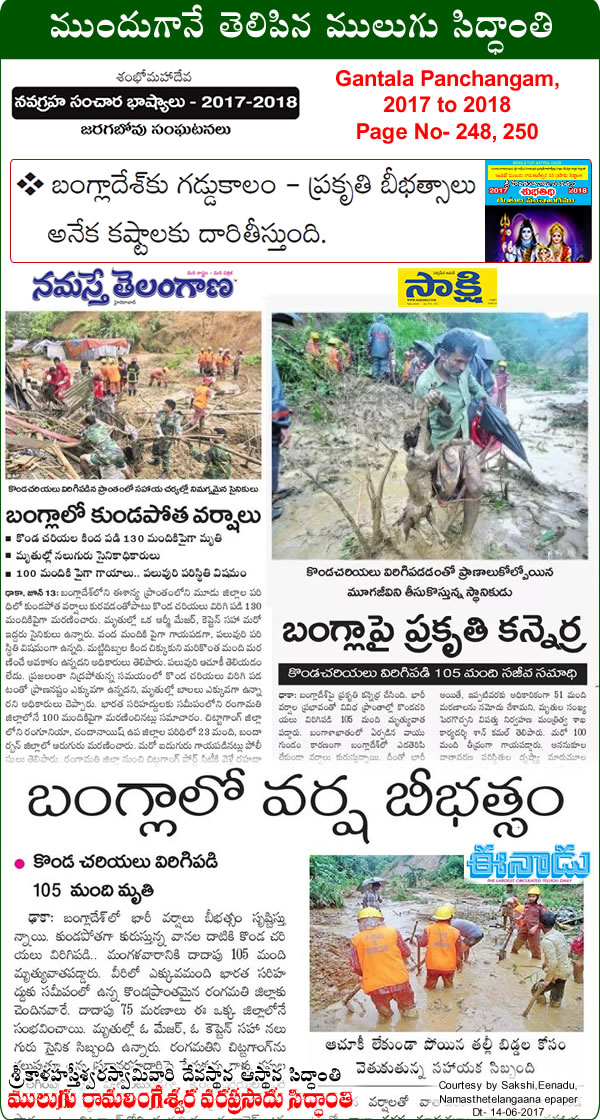 Predicted by Mulugu Ramalingeshwara Varaprasad Siddhant in his Shubhatithi Panchangam 2017-2018 Bangladesh landslides death toll hits 134 after heavy rain in south-east. by media sources Sakshi, Eenadu, Namasthe Telangana.