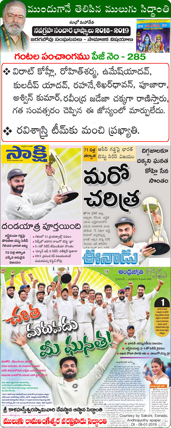 Predicted by Mulugu Ramalingeshwara Varaprasad Siddhant in his Shubhatithi Panchangam Good reputation for Ravi Shashtri’s team, Virat Kohli, Rohit Sharma, Umesh Yadav, Kuladeep Yadav, Rahane, Shikhar Dhavan, Pujara, Ashwin Kumar, Ravindra Jadeja will shine. There is no change in last year’s prediction