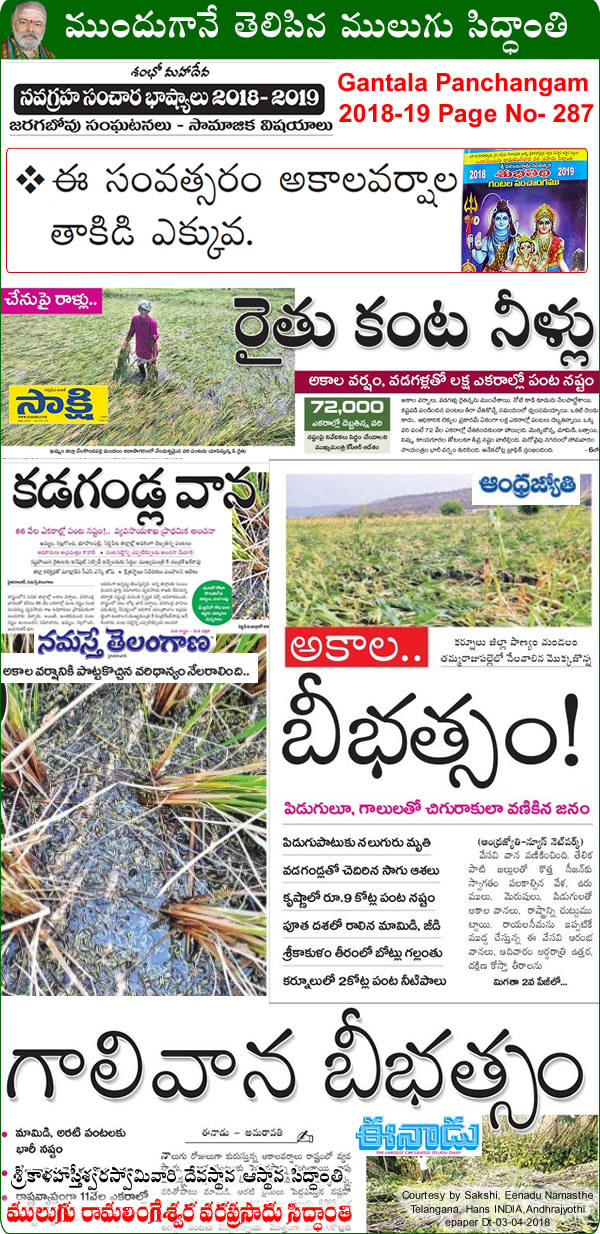 Predicted by Mulugu Ramalingeshwara Varaprasad Siddhant in his Shubhatithi Panchangam - Unseasonal Rain Hailstorm cause Crop Damage in AP, Telangana