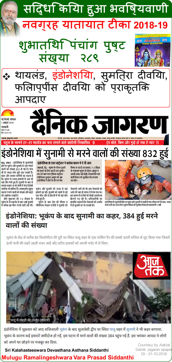 Predicted by Mulugu Ramalingeshwara Varaprasad Siddhant in his Shubhatithi Panchangam- natural disasters in thailand, indonesia, sumitra islands, Philippines islands 
थायलंड, इंडोनेशिया, सुमित्रा दीविया, फिलाप्पींस दीविया को प्राकृतिक आपदाए