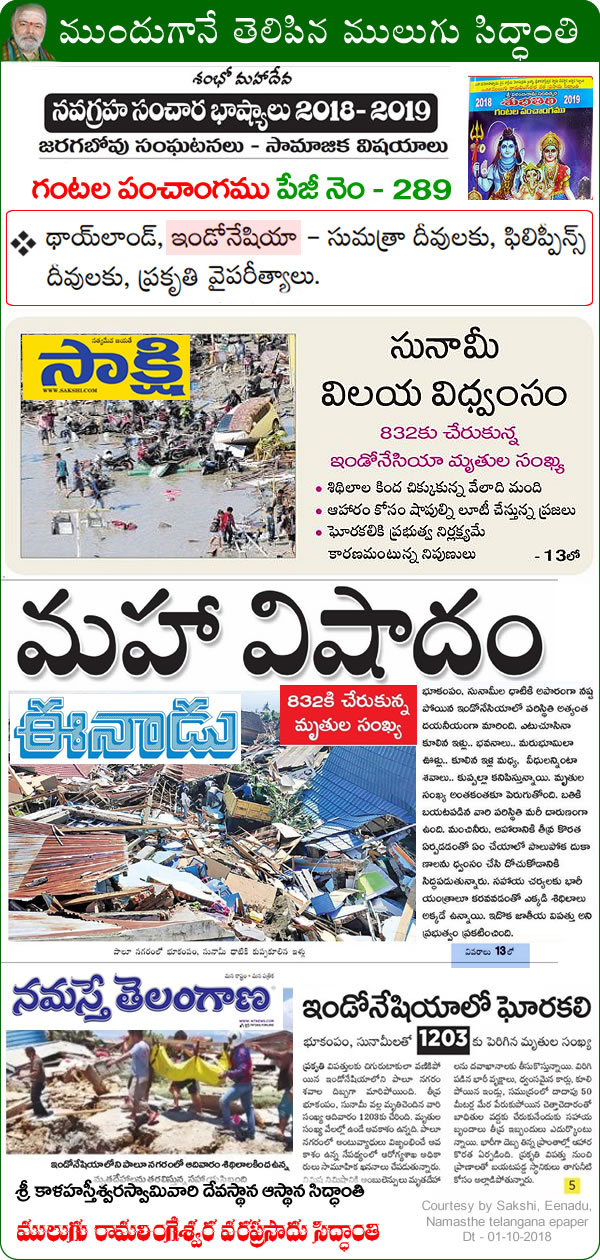 Predicted by Mulugu Ramalingeshwara Varaprasad Siddhant in his Shubhatithi Panchangam- natural disasters in thailand, indonesia, sumitra islands, Philippines islands 
थायलंड, इंडोनेशिया, सुमित्रा दीविया, फिलाप्पींस दीविया को प्राकृतिक आपदाए