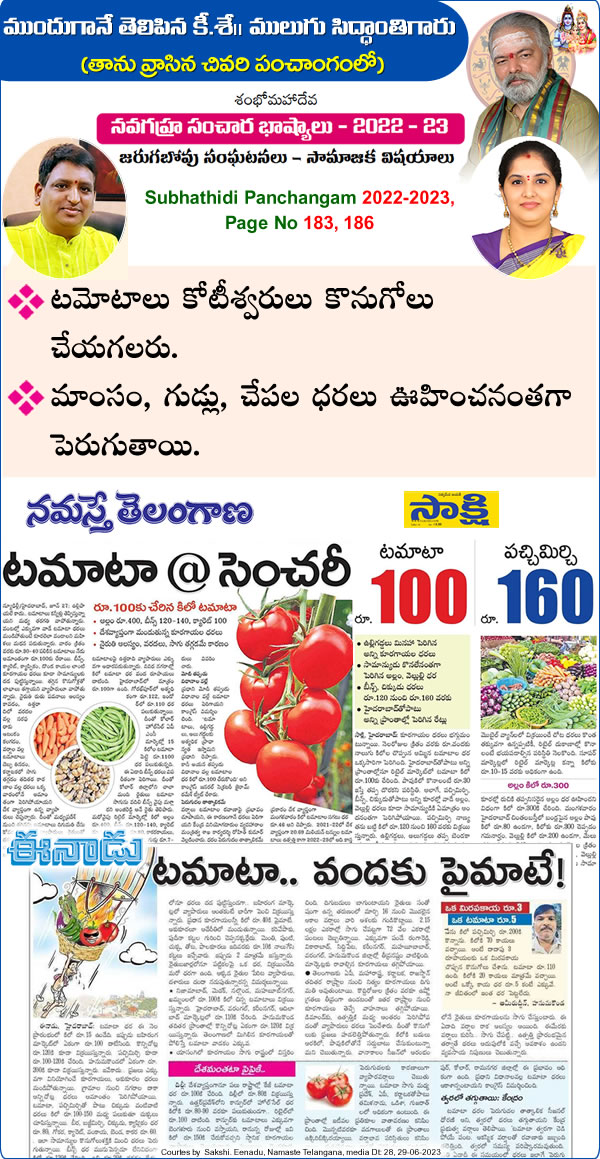 Late mulugu Siddanthi writen last Panchangam - Proven Prediction - Tomato prices are on fire - and will not come down soon