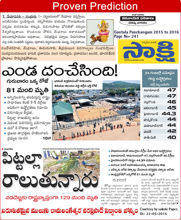 Proven mulugu prediction Telangana,Andhra Pradesh in the grip of heat wave 22 May 2015 Sakshi paper-mulugu.com Predicted by : Mulugu Ramalingeswar vara prasad